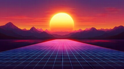 Sunset over mountains, glowing road, retro style, digital art, website banner