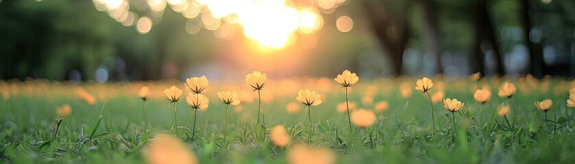 Sunset meadow, yellow flowers, park, bokeh background, nature scene