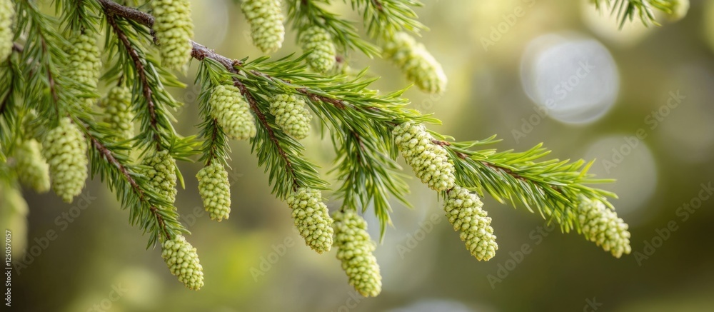 Poster macro shot of soft green tree branches with fresh foliage creating a serene natural background ideal