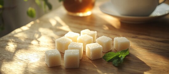 Beautiful artfully arranged lump sugar cubes on a wooden table with a cup of tea and mint leaves in a soft, sunlit environment.