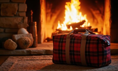 Cozy plaid bag by the fireplace