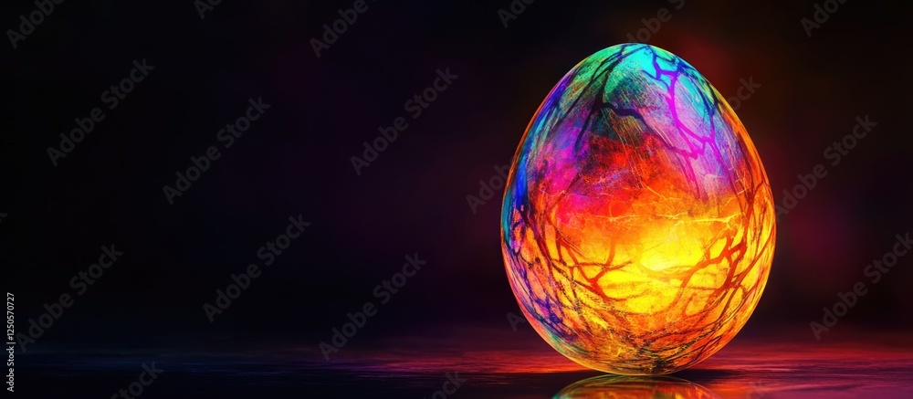 Sticker vibrant multicolored neon egg illuminated against a dark backdrop showcasing intricate patterns and 