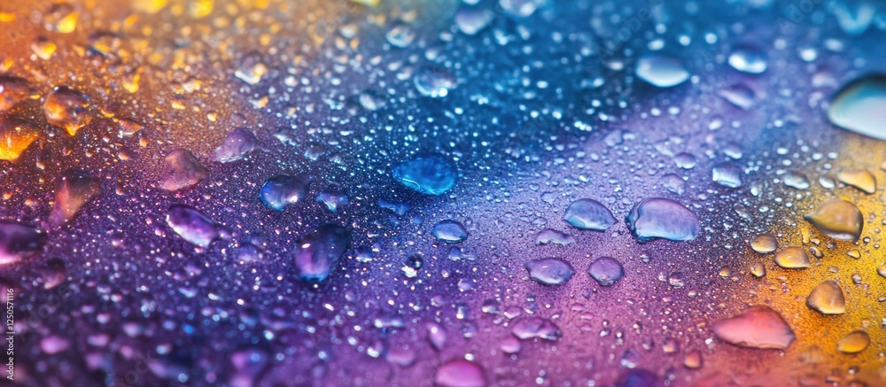 Poster macro closeup of vibrant raindrops on wet glass creating a colorful bokeh background showcasing intr