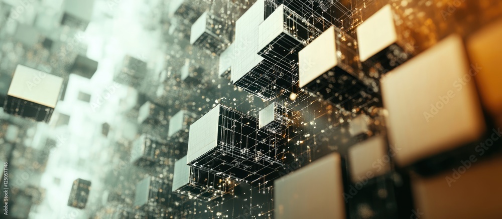 Poster abstract macro perspective of interconnected data blocks with ethereal particles and customizable sp