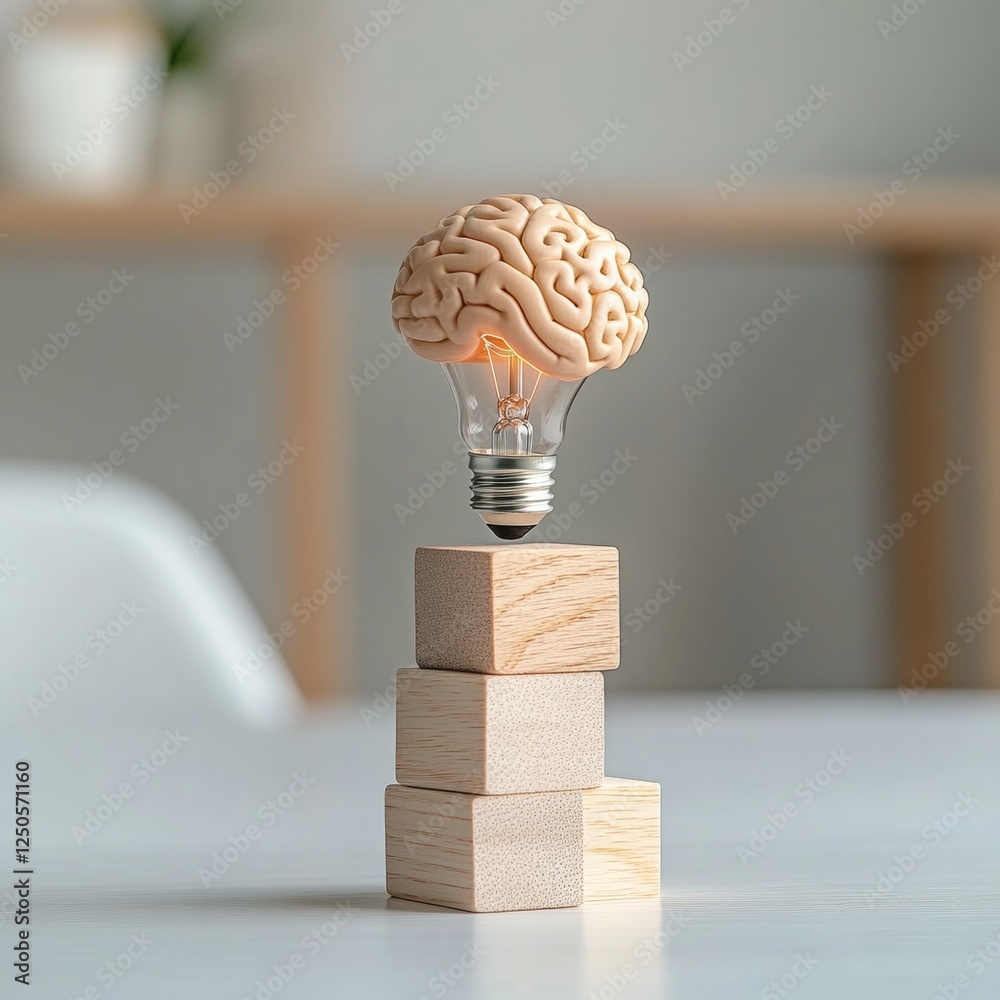 Poster Minimalist Workspace Concepts Wooden Blocks with Brain and Lightbulb Icons on Modern Desk Inspiring Innovation and Leadership in Coworking Environments for Creative Professionals