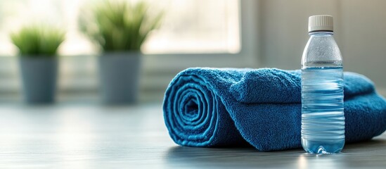 Macro shot of yoga studio towel and sleek water bottle on clean background ideal for wellness and fitness advertising or promotional use