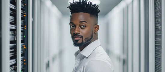 IT Specialist in Server Room with Technology Equipment and Empty Space for Text or Graphics