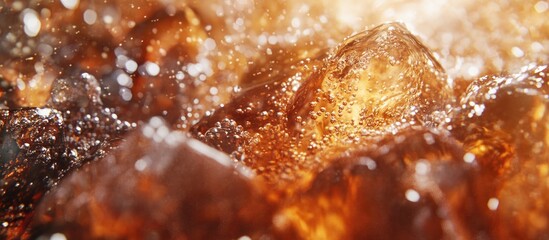 Macro shot of cola bubbles and ice cubes creating an abstract food background with shimmering reflections and vibrant tones.
