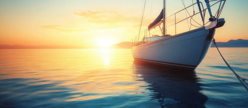 Luxury yacht anchored in serene marina at sunset with vibrant ocean reflections and ample blank space for promotional text.