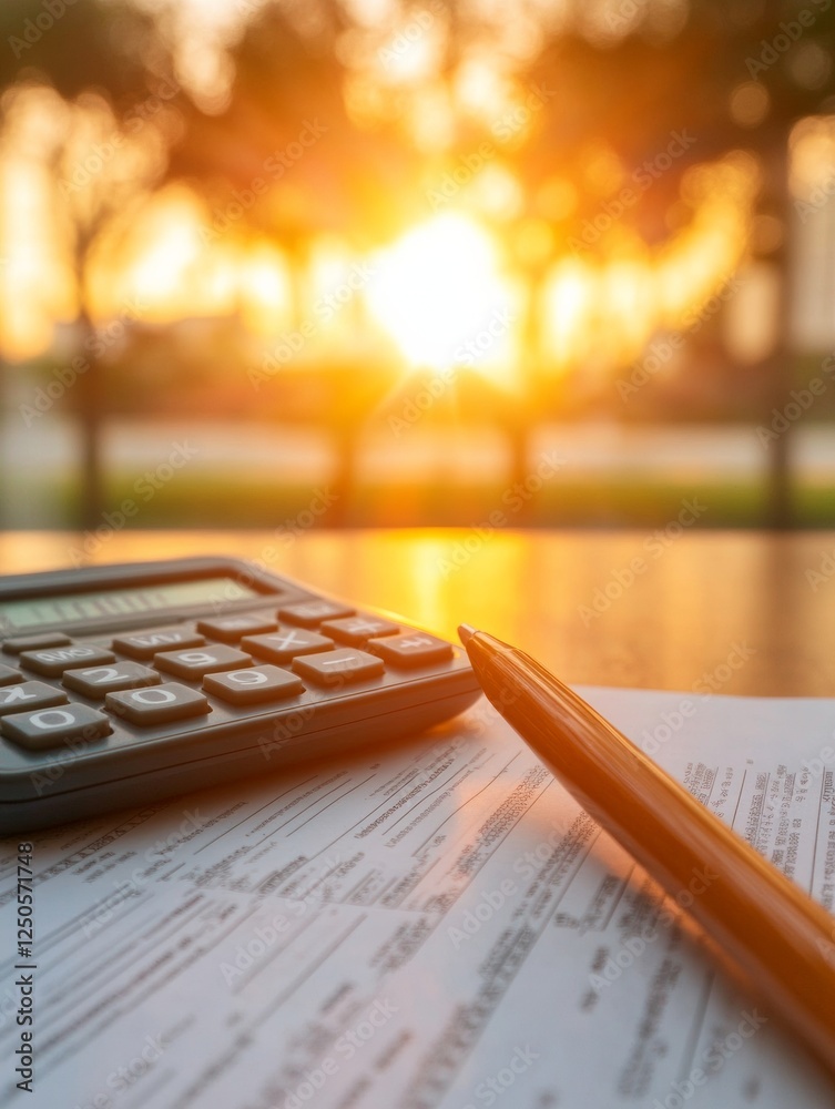 Poster sunlit modern tax workspace sophisticated calculations on wooden desk with regulatory documents - bu