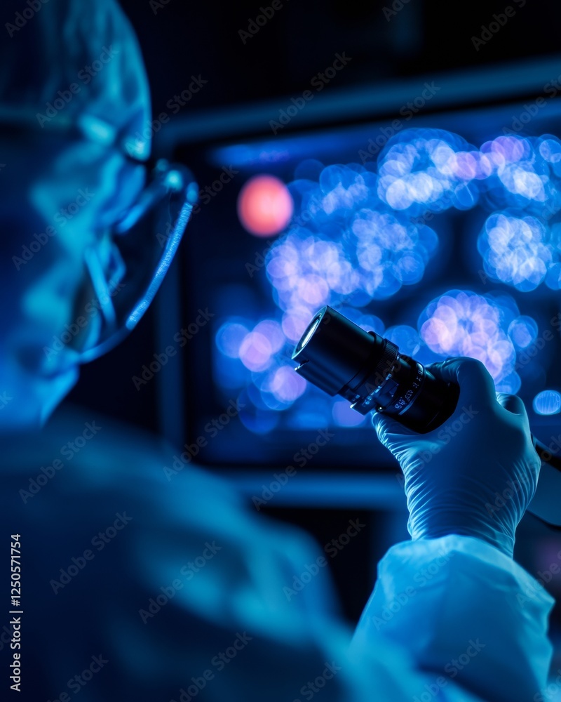 Poster futuristic healthcare medical professional with microscope and digital display in neon-lit lab - pre