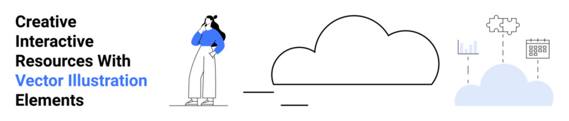 Woman contemplating, cloud representation, and data visuals interconnected. Ideal for data storage, creativity, analytics, brainstorming, cloud computing, networking flat landing page banner