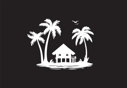 palm trees and a hut by the ocean vector silhouette on a black background chalk black and white drawing