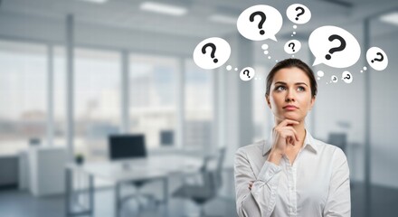 Photo of a young businesswoman looking confused, as seen from the question marks circling her head.