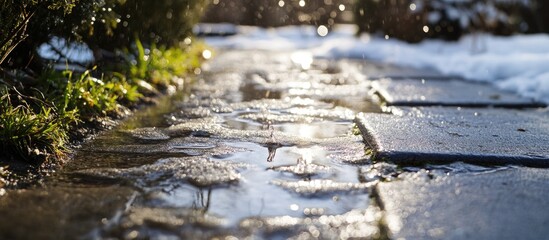 Melting snow and ice on a sunny sidewalk showcasing spring transformation with water glistening on the pavement and greenery emerging.