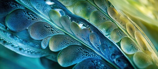 Macro shot of vibrant green and blue abstract leaf surface with water droplets highlighting eco-friendly themes and natural beauty