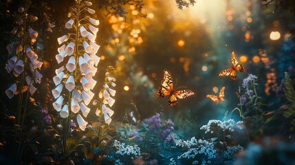 Fototapeta premium Enchanting Sunset in a Magical Forest with Butterflies and Foxgloves