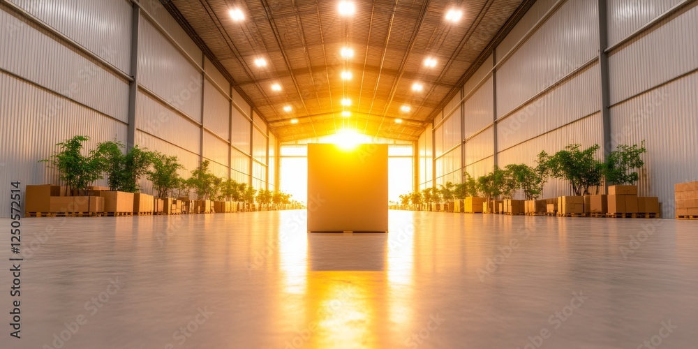 Poster sunlit industrial storage sleek high-ceiling warehouse with organized pallet racks and greenery effi