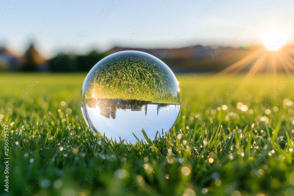 Aufkleber biophilic design element crystal globe in dew-kissed grass - eco-friendly branding and environmental