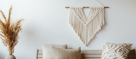 Stylish macrame wall art in neutral tones enhancing a modern living space with cozy decor and natural elements.