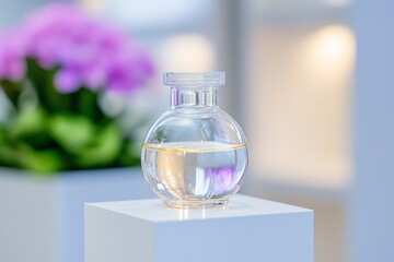 Minimalist Glass Perfume Bottle Display on Elegant White Pedestal - Modern Fragrance Design for Luxury Retail and Premium Branding Aesthetics in Contemporary Marketing