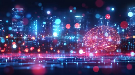 Digital Brain Concept with City Lights and Bokeh Effect Background