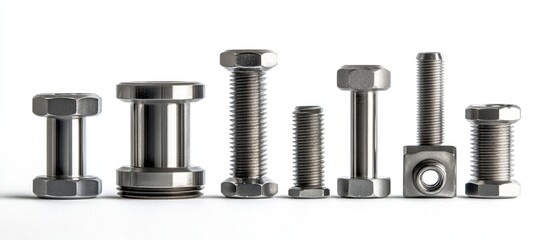 Assorted metal bolts and fasteners arranged on a white background showcasing various hardware tools for construction and repair tasks.