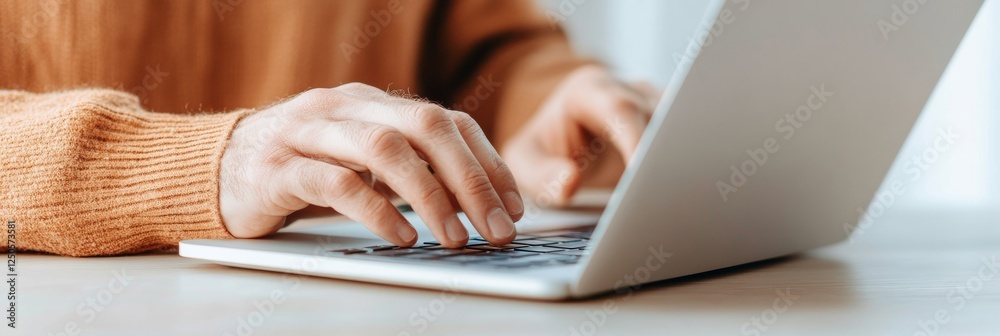Aufkleber minimalist workspace aesthetic hands typing on sleek laptop with coffee and notebook - modern remote