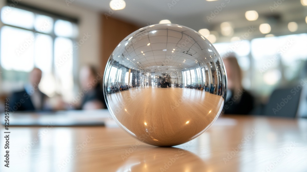 Poster Elegant Chrome Globe in Modern Meeting Room Symbolizing Global Collaboration and Diversity in Multiracial Professional Networks - Contemporary Business Strategy and Design