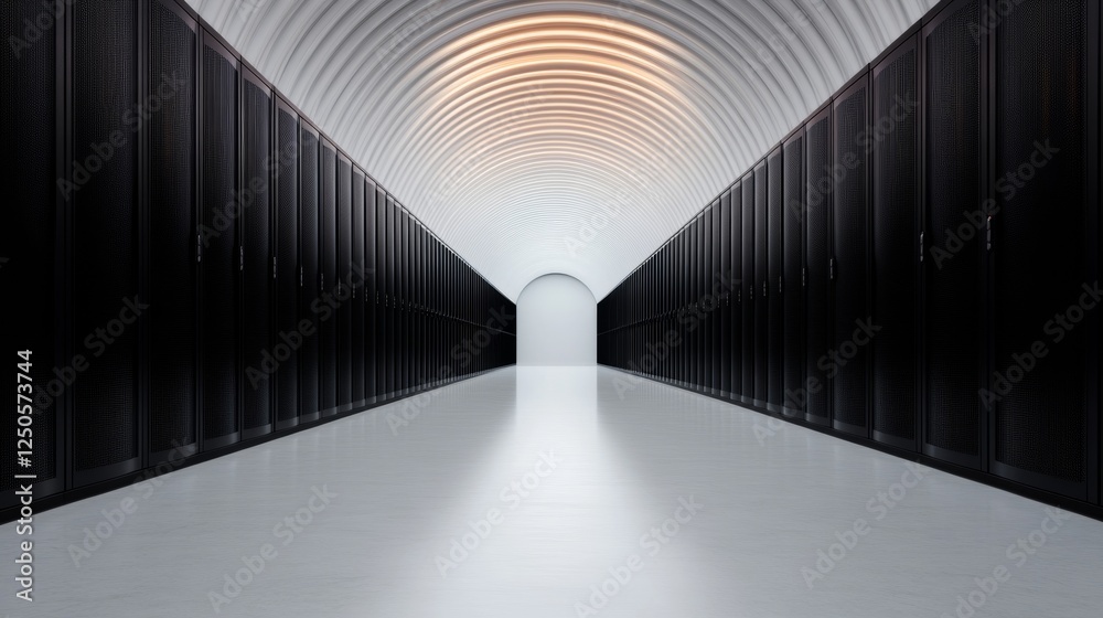 Poster futuristic light-filled server room corridor with energy-saving technology - sustainable data center