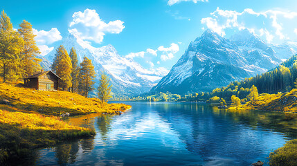 Obraz premium Mountain lake, cabin, clouds, mountains