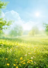 Beautiful blurred spring background with blooming chamomile glade, lush green trees, and a bright blue sky on a sunny day. Perfect for nature, seasonal, and floral themes.