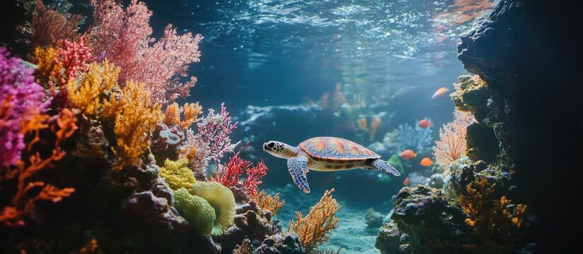 Majestic sea turtle swimming in colorful coral reef landscape with clear blue water and space for text overlay - Powered by Adobe