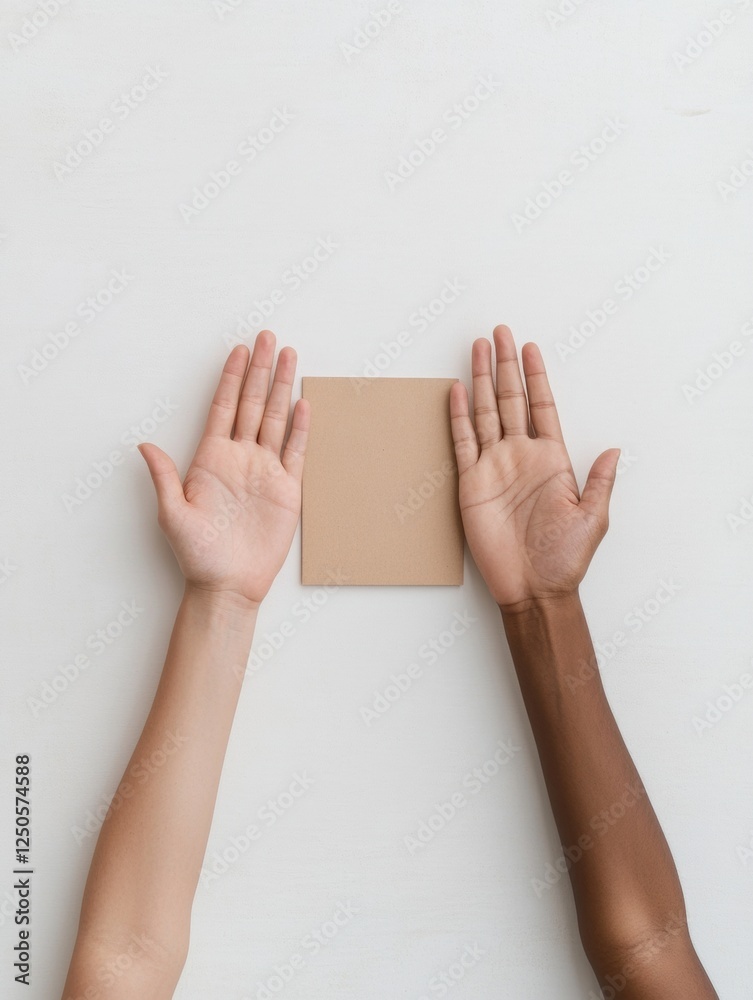 Aufkleber Inclusive Team Synergy Visual Diverse Hand Pair with Minimalistic Cardboard Texture in a Contemporary Workspace - Business Strategy Visualization and Collaborative Innovation Content
