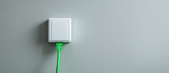 Mains Power Supply Box with Green Cable on Neutral Wall Background Suitable for Text Overlay and Commercial Use