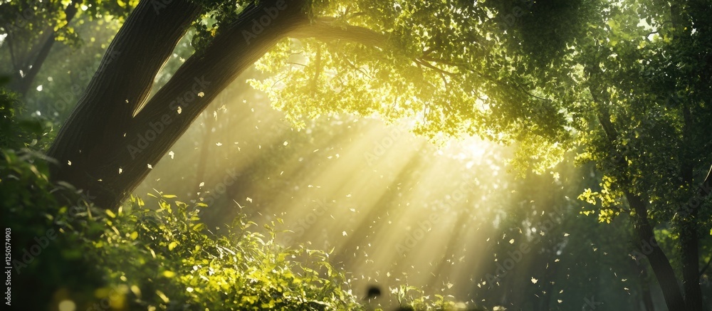 Poster serene low angle view of sunbeams filtering through lush green trees in a tranquil forest setting wi