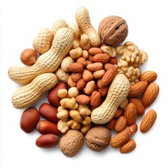 Assorted Mixed Nuts Variety with Peanuts, Walnuts, Almonds, Hazelnuts, and Cashews on White Background