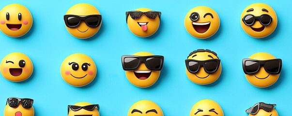 Happy emojis on blue background. Social media, fun