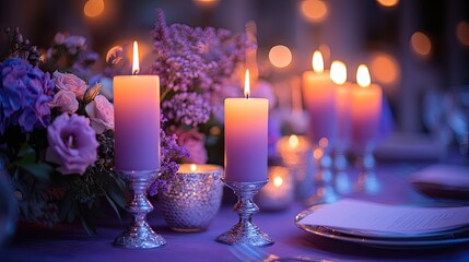 A beautifully set dining table adorned with a purple tablecloth.