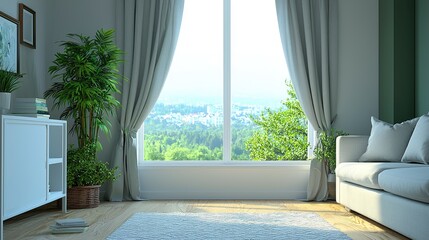 Serene morning view inside a cozy living room urban apartment photography bright environment relaxed atmosphere