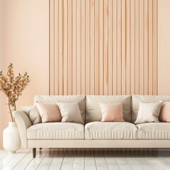 A white sofa with pink pillows sits in front of a wood slat wall in a living room