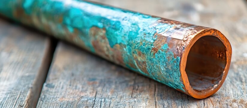 Macro shot of a copper pipe revealing oxidation highlighting sustainable energy initiatives with ample space for text and branding references
