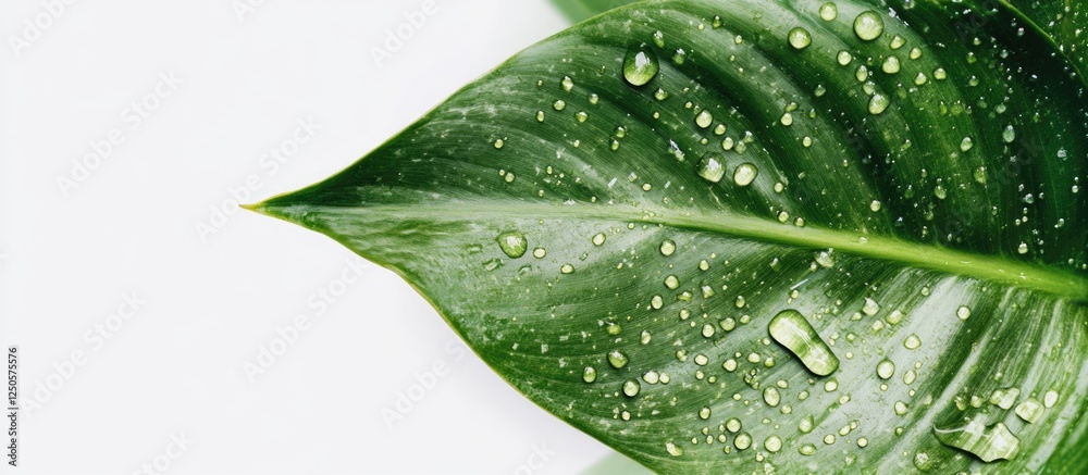 Wall mural close-up macro photograph of water droplets on lush green leaf with a blank area for adding text or 