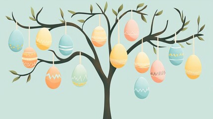 Easter Sunday Celebration Decorations Family Pastel Colors Egg Hunt Festival Colorful Easter eggs hanging on a tree.
