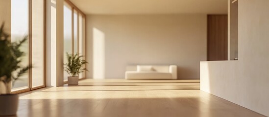 Fototapeta premium Minimalist Apartment Interior Featuring Simple Furniture with Blurred Bokeh Effect and Ample Copy Space for Text in Serene Atmosphere