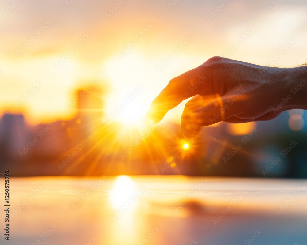 Poster golden hour data analysis hand gestures on sunlit surface - engaging financial consultation for dyna