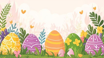 Easter Sunday Celebration Decorations Family Pastel Colors Egg Hunt Festival Colorful Easter eggs with flowers and greenery.