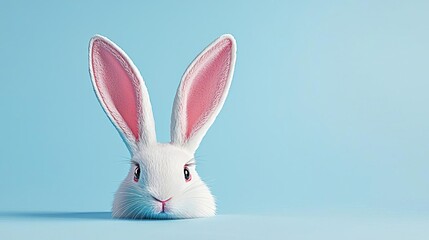 Fototapeta premium Easter Sunday Celebration Decorations Family Pastel Colors Egg Hunt Festival Cute white bunny with pink ears, against blue.