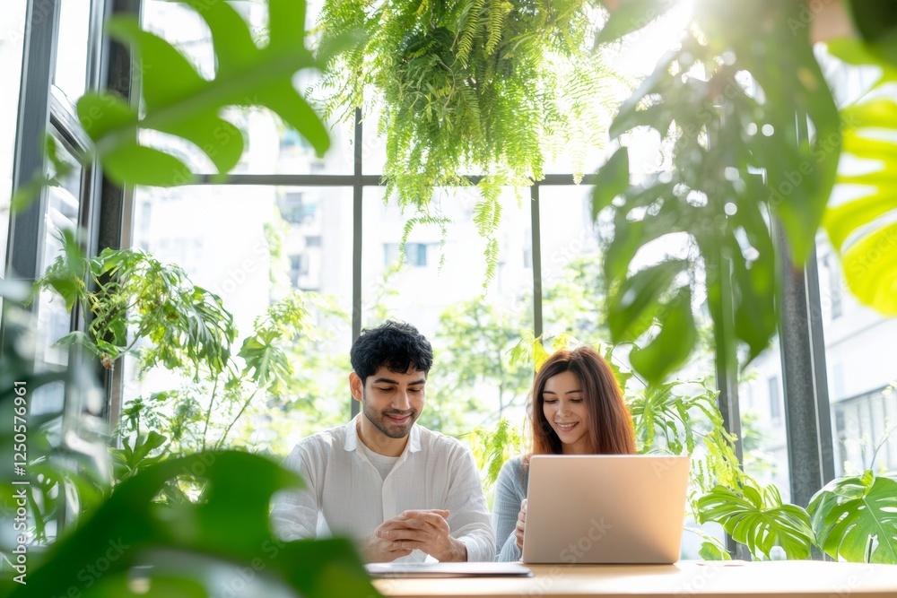 Aufkleber Biophilic Tech Collaboration Confident Indian Presenter with AI App Prototype on Tablet in Sunlit Open-Plan Office - Digital Innovation and Global Startup Workspaces