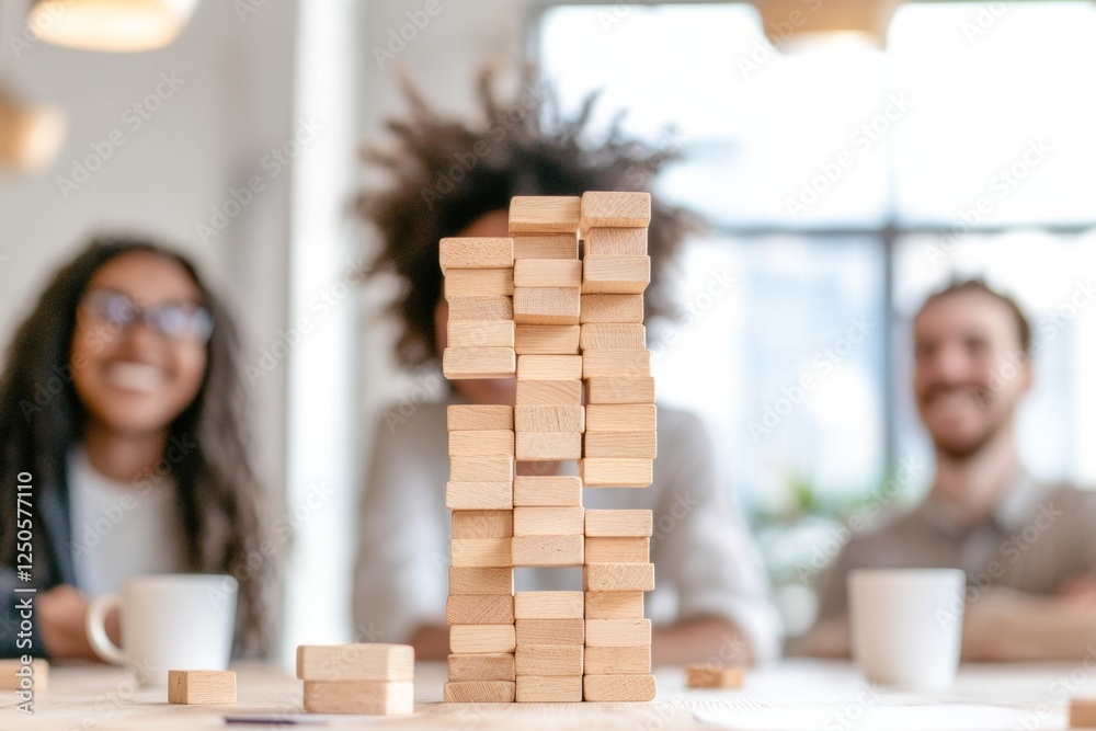 Poster contemporary office play engaged diverse team enjoying jenga with minimalist wood blocks - enhancing